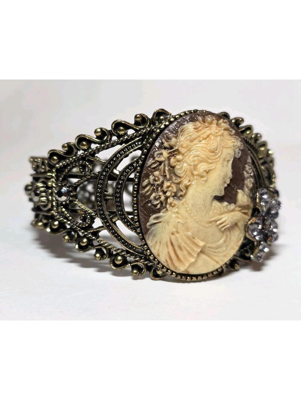 Vintage Style Cameo Filigree Cuff Bracelet Bronze Tone Rhinestone Ornate EUC